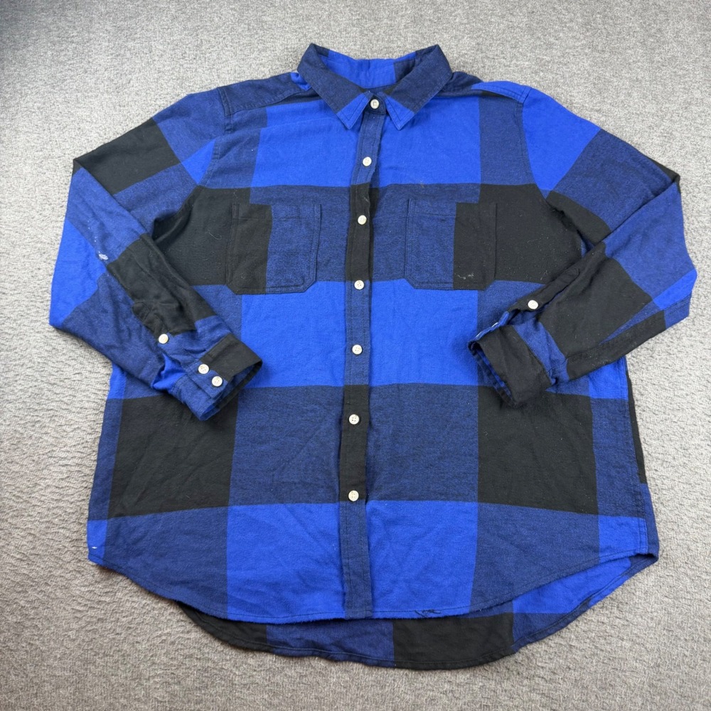 Mossimo Flannel Shirt Women's XXL Blue Black Buffalo Plaid Boyfriend Button Up